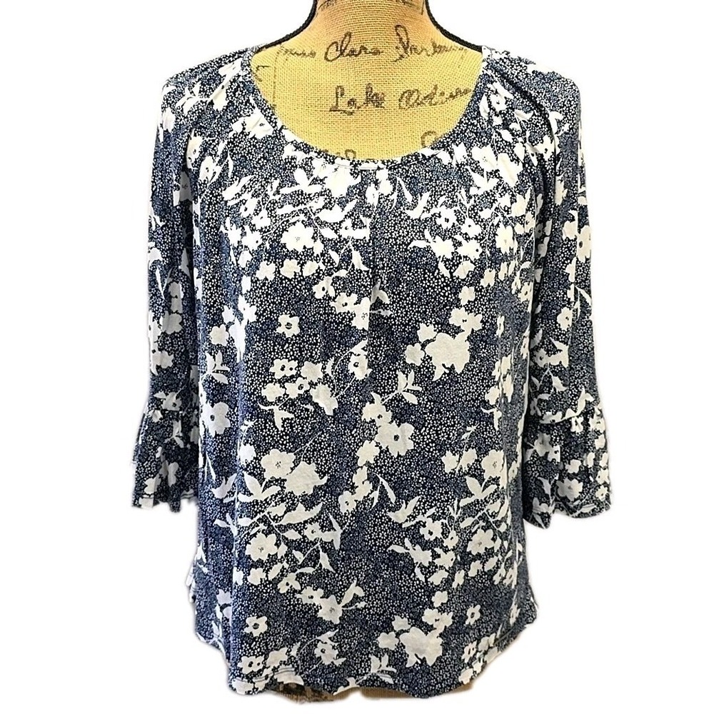 Michael Kors Floral Peasant Top Blue White 3/4 Bell Sleeve Boho Blouse sz M
